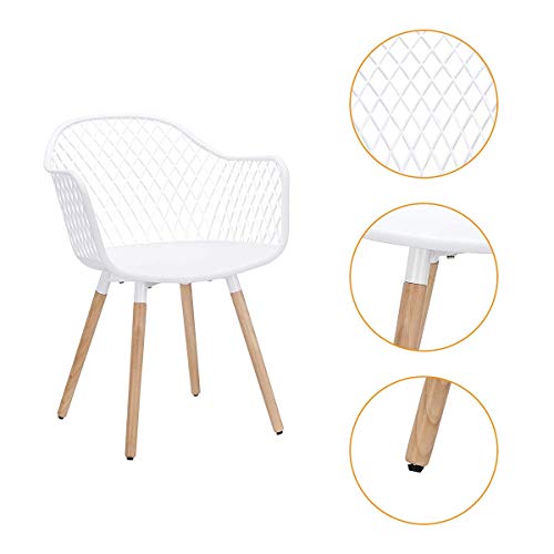 CangLong Modern Natural Wood Legs Easily Assemble Mid Century Molded Plastic Shell Arm Hollow Out Chair for Living, Bedroom, Kitchen, Dining, Waiting Room, set of 2,White