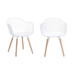 CangLong Modern Natural Wood Legs Easily Assemble Mid Century Molded Plastic Shell Arm Hollow Out Chair for Living, Bedroom, Kitchen, Dining, Waiting Room, set of 2,White