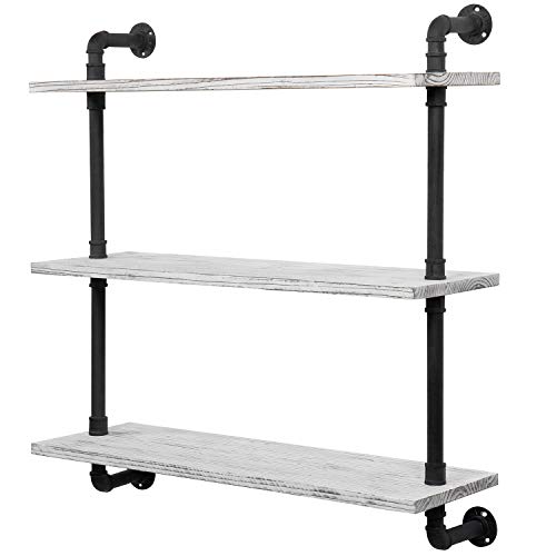 MyGift 3-Tier Wall Mounted Whitewashed Wood & Industrial Pipe Hanging Display Shelves for Living Room & Bedroom