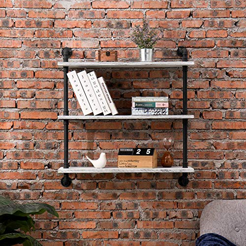 MyGift 3-Tier Wall Mounted Whitewashed Wood & Industrial Pipe Hanging Display Shelves for Living Room & Bedroom