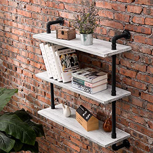 MyGift 3-Tier Wall Mounted Whitewashed Wood & Industrial Pipe Hanging Display Shelves for Living Room & Bedroom