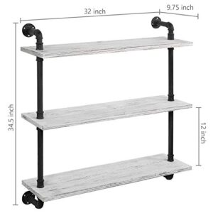 MyGift 3-Tier Wall Mounted Whitewashed Wood & Industrial Pipe Hanging Display Shelves for Living Room & Bedroom