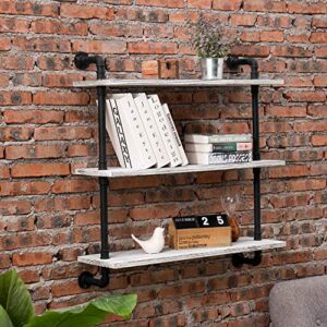 MyGift 3-Tier Wall Mounted Whitewashed Wood & Industrial Pipe Hanging Display Shelves for Living Room & Bedroom