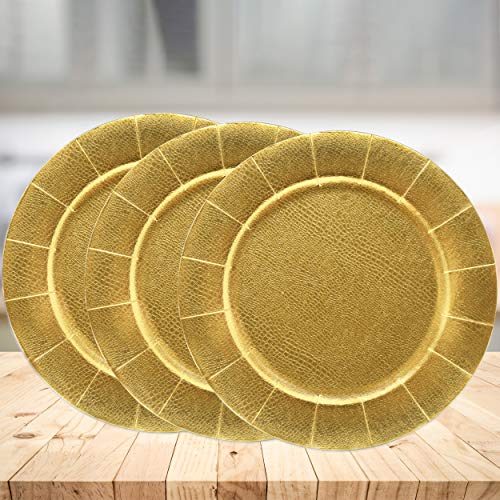 24 Disposable Gold Round Charger Plates 13" Dinner Table Serving Tray Heavy Duty Reusable Paper Cardboard Platters for Table Setting Placemats Cupcake Dessert Birthday Parties Weddings Food Safe