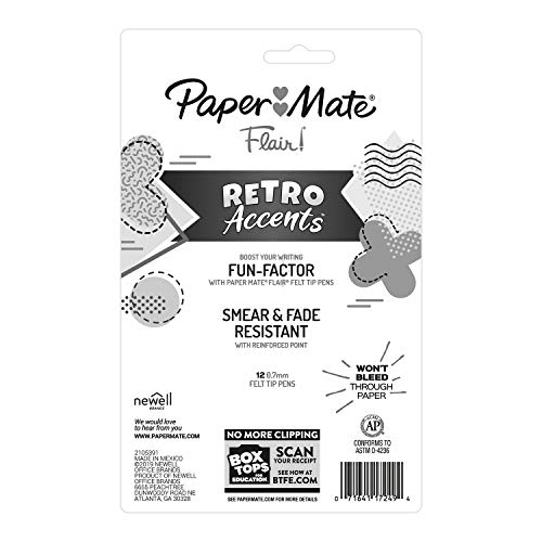Paper Mate Flair Felt Tip Pens, Medium Point (0.7mm), Assorted, Special Edition Retro Accents, 12 Count