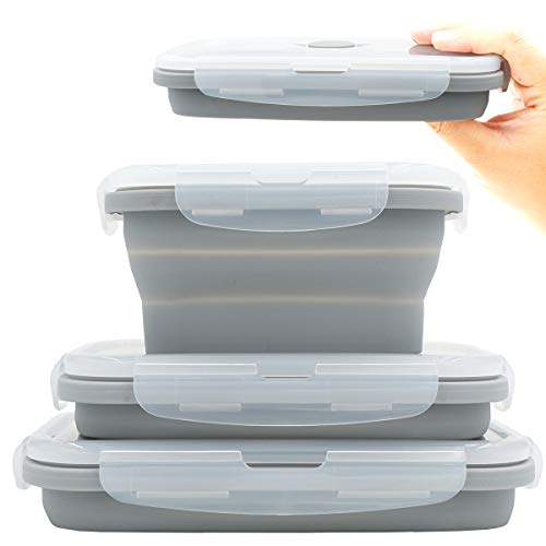 Duoyou Collapsible Silicone Lunch Bento Box, Portable Food Storage Container Outdoor Picnic Box Space Saving, Microwave, Dishwasher and Freezer Safe, 3 Pcs Set (Grey)