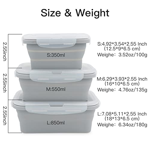 Duoyou Collapsible Silicone Lunch Bento Box, Portable Food Storage Container Outdoor Picnic Box Space Saving, Microwave, Dishwasher and Freezer Safe, 3 Pcs Set (Grey)