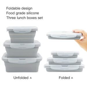 Duoyou Collapsible Silicone Lunch Bento Box, Portable Food Storage Container Outdoor Picnic Box Space Saving, Microwave, Dishwasher and Freezer Safe, 3 Pcs Set (Grey)