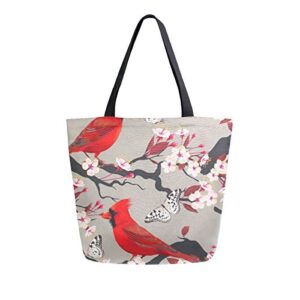 cardinal and blooming cherry canvas tote bag reusable grocery bags tote carrying bag with handles