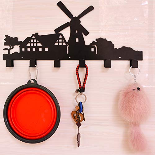 Kathy Keys Holder for Wall Metal Cabin Decor Coat Hooks Wall-Mounted Windmill Tree House Keys Hook Home Decorative Key Hanger Entryway Organizer 6 Hooks, Black