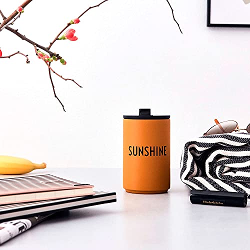 Design Letters Stainless Steel Travel Mug 12 Oz | Vacuum Insulated Tumbler | To Go Thermos Cup Leak Proof with Lid | Modern Travel Coffee Mug| Double Walled Coffee Thermos for Outdoor, Office, Mustard