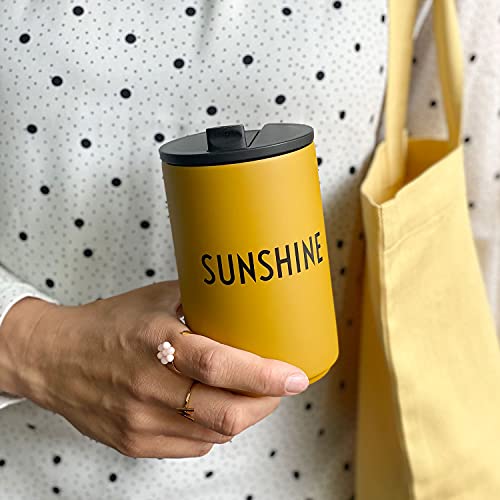 Design Letters Stainless Steel Travel Mug 12 Oz | Vacuum Insulated Tumbler | To Go Thermos Cup Leak Proof with Lid | Modern Travel Coffee Mug| Double Walled Coffee Thermos for Outdoor, Office, Mustard