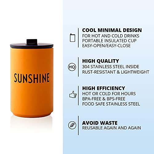 Design Letters Stainless Steel Travel Mug 12 Oz | Vacuum Insulated Tumbler | To Go Thermos Cup Leak Proof with Lid | Modern Travel Coffee Mug| Double Walled Coffee Thermos for Outdoor, Office, Mustard