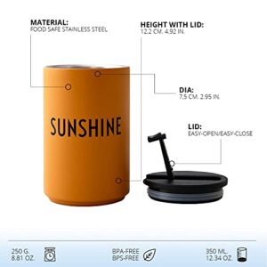 Design Letters Stainless Steel Travel Mug 12 Oz | Vacuum Insulated Tumbler | To Go Thermos Cup Leak Proof with Lid | Modern Travel Coffee Mug| Double Walled Coffee Thermos for Outdoor, Office, Mustard