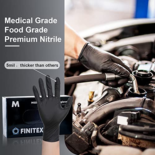 FINITEX - Black Nitrile Disposable Gloves, 5mil, Powder-free, Medical Exam Gloves Latex-Free 100 PCS For Examination Home Cleaning Food Gloves (Medium)