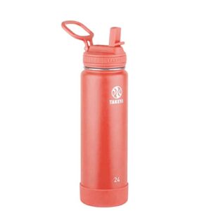 takeya actives insulated stainless steel water bottle with straw lid, 24 ounce, coral