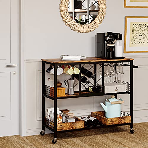 IRONCK Bar Cart, Industrial Serving Cart on Wheels Kitchen Storage Cart for The Home Wood and Metal Frame, Vintage Brown