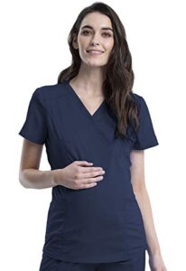 cherokee women scrubs top workwear revolution maternity mock wrap ww688, s, navy
