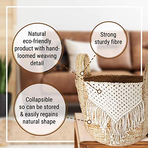 Jute and Macramé Storage Basket with Handles – Natural Boho Decorative Décor for Organizing Blankets, Indoor Plants, Laundry, Towels Or Baby Toys - Collapsible 13” X 12” x 14” by Gully and Vine