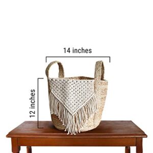 Jute and Macramé Storage Basket with Handles – Natural Boho Decorative Décor for Organizing Blankets, Indoor Plants, Laundry, Towels Or Baby Toys - Collapsible 13” X 12” x 14” by Gully and Vine