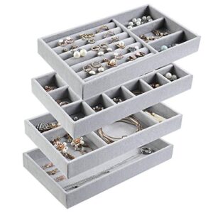 jewelry trays organizer, stackable closet dresser drawer accessories tray set of 4 drawer organizer for earring, ring, gadgets & cosmetics, display organizer necklace storage showcase bracelet removable tray