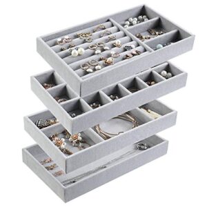 Jewelry Trays Organizer, Stackable Closet Dresser Drawer Accessories Tray Set of 4 Drawer Organizer for Earring, Ring, Gadgets & Cosmetics, Display Organizer Necklace Storage Showcase Bracelet Removable Tray