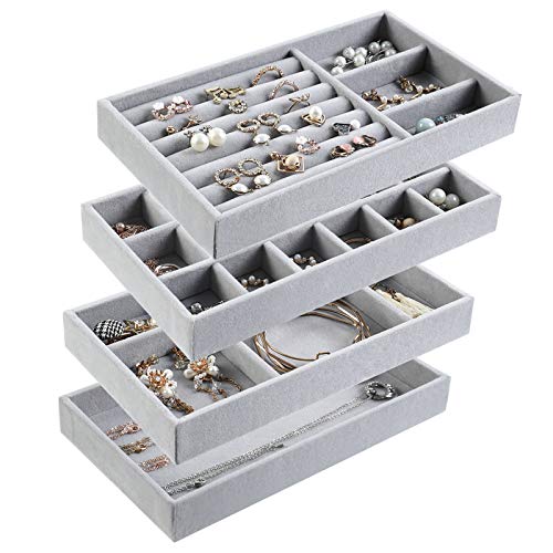 Jewelry Trays Organizer, Stackable Closet Dresser Drawer Accessories Tray Set of 4 Drawer Organizer for Earring, Ring, Gadgets & Cosmetics, Display Organizer Necklace Storage Showcase Bracelet Removable Tray
