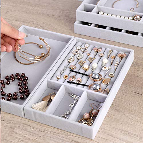 Jewelry Trays Organizer, Stackable Closet Dresser Drawer Accessories Tray Set of 4 Drawer Organizer for Earring, Ring, Gadgets & Cosmetics, Display Organizer Necklace Storage Showcase Bracelet Removable Tray