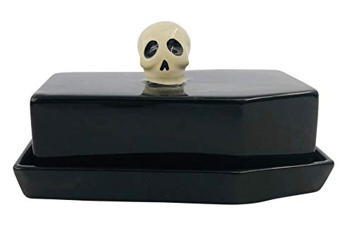 Boston Warehouse Coffin Shaped with Skull Handle Covered Butter Dish, Standard, Black