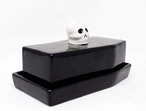 Boston Warehouse Coffin Shaped with Skull Handle Covered Butter Dish, Standard, Black