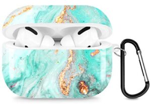 a-focus compatible with airpods pro case marble, blue green marble texture smooth imd design series shock proof flexible slim tpu cover case with carabiner for airpods pro glossy blue green