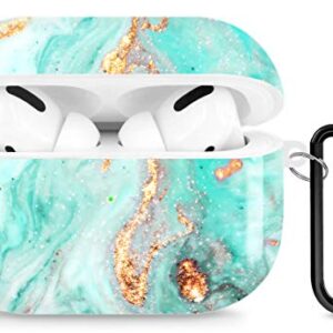 A-Focus Compatible with AirPods Pro Case Marble, Blue Green Marble Texture Smooth IMD Design Series Shock Proof Flexible Slim TPU Cover Case with Carabiner for AirPods Pro Glossy Blue Green