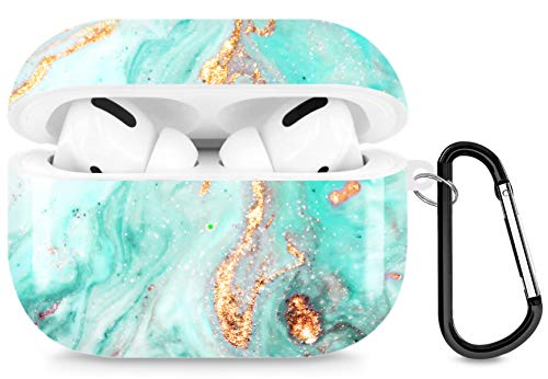 A-Focus Compatible with AirPods Pro Case Marble, Blue Green Marble Texture Smooth IMD Design Series Shock Proof Flexible Slim TPU Cover Case with Carabiner for AirPods Pro Glossy Blue Green