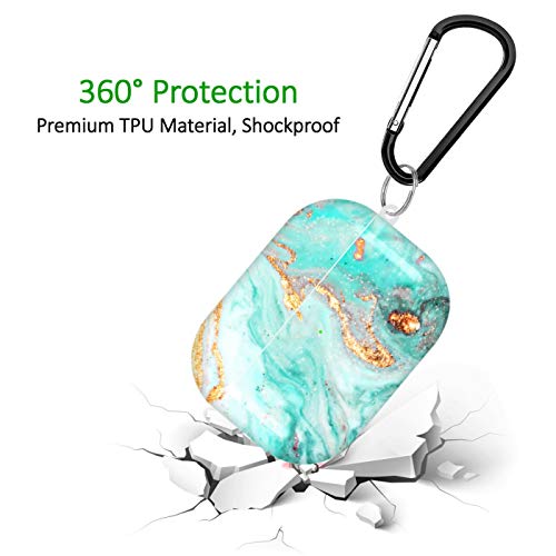 A-Focus Compatible with AirPods Pro Case Marble, Blue Green Marble Texture Smooth IMD Design Series Shock Proof Flexible Slim TPU Cover Case with Carabiner for AirPods Pro Glossy Blue Green