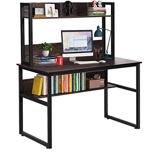 Tangkula Computer Desk with Hutch, Home Office Desk Study Writing Desk with Storage Bookshelves, Space Saving Computer Workstation for Home Office (Dark Walnut)