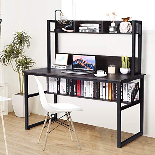 Tangkula Computer Desk with Hutch, Home Office Desk Study Writing Desk with Storage Bookshelves, Space Saving Computer Workstation for Home Office (Dark Walnut)