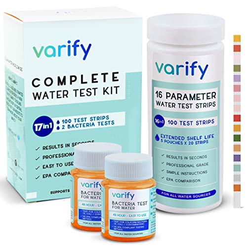 17 in 1 Premium Drinking Water Test Kit - 100 Strips + 2 Bacteria Tests - Home Water Quality Test - Well and Tap Water - Easy Testing for Lead, Bacteria, Hardness, Fluoride, pH, Iron, Copper and more!