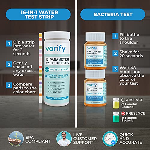 17 in 1 Premium Drinking Water Test Kit - 100 Strips + 2 Bacteria Tests - Home Water Quality Test - Well and Tap Water - Easy Testing for Lead, Bacteria, Hardness, Fluoride, pH, Iron, Copper and more!