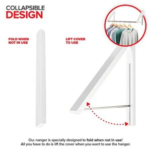 Double Foldable Clothing Rack w/Extension Rod, Wall-Mounted Retractable Clothes Hanger for Laundry Dryer Room, Hanging Drying Rod, Small Collapsible Folding Garment Racks, Dorm Accessories (White)