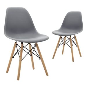 canglong modern mid-century shell lounge plastic dsw natural wooden legs for kitchen, dining, bedroom, living room side chairs, set of 2, grey