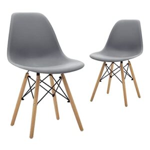 CangLong Modern Mid-Century Shell Lounge Plastic DSW Natural Wooden Legs for Kitchen, Dining, Bedroom, Living Room Side Chairs, Set of 2, Grey