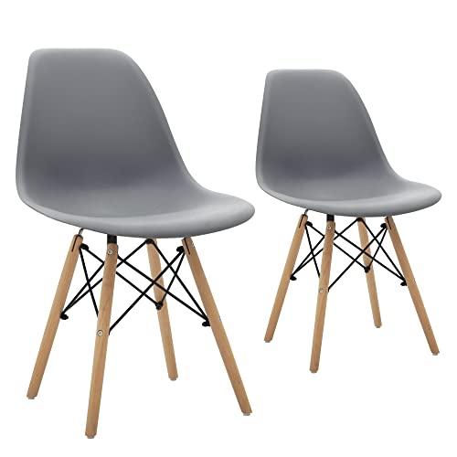 CangLong Modern Mid-Century Shell Lounge Plastic DSW Natural Wooden Legs for Kitchen, Dining, Bedroom, Living Room Side Chairs, Set of 2, Grey