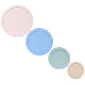 pyrex (1) 7402-pc loring pink, (1) 7201-pc blue cornflower, (1) 7200-pc muddy aqua & (1) 7202-pc blush round plastic food storage replacement lids, made in usa