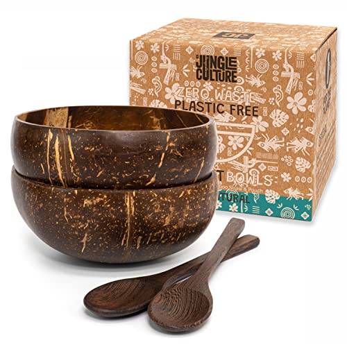 Jungle Culture 2 Polished Coconut Bowl and Wooden Spoons Set • Natural Coconut Bowls & Bamboo Straws • Smoothie Bowls • Coconut Shell Acai Bowls Healthy Choice Buddha Bowls • Eco Friendly Vegan Gifts