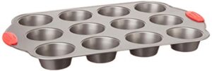 amazon basics non-stick 12-cup muffin pan, gray with red grips