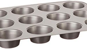 Amazon Basics Non-Stick 12-Cup Muffin Pan, Gray with Red Grips