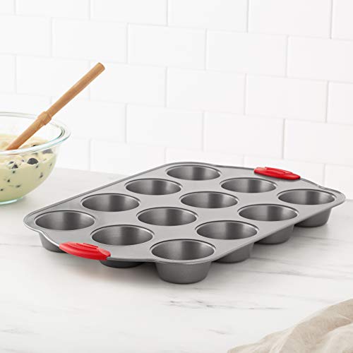 Amazon Basics Non-Stick 12-Cup Muffin Pan, Gray with Red Grips