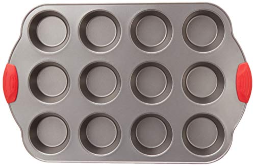 Amazon Basics Non-Stick 12-Cup Muffin Pan, Gray with Red Grips