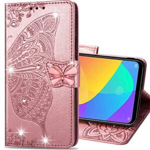 zyzxhzd xiaomi mi redmi note 8 3d butterfly flower wallet case, with credit cards slot and stand magnetic protective pu leather flip phone cover for xiaomi redmi note 8(rhinestone rose gold)