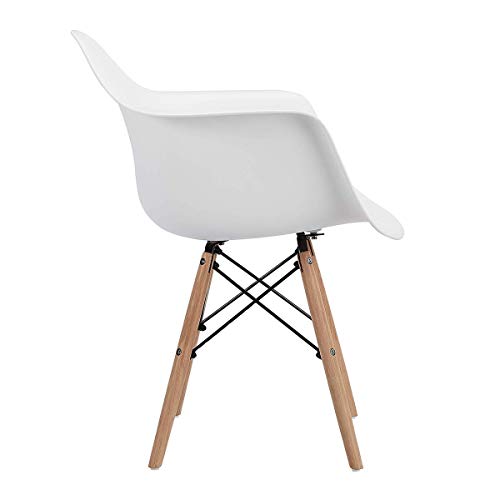CangLong Natural Wood Legs Mid Century Modern DSW Molded Shell Lounge Plastic Arm Chair for Living, Bedroom, Kitchen, Dining, Waiting Room, Set of 1, White